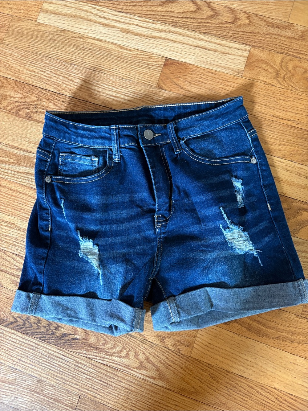 SHEIN Dark Blue Distressed Roll-Cuff Denim Shorts